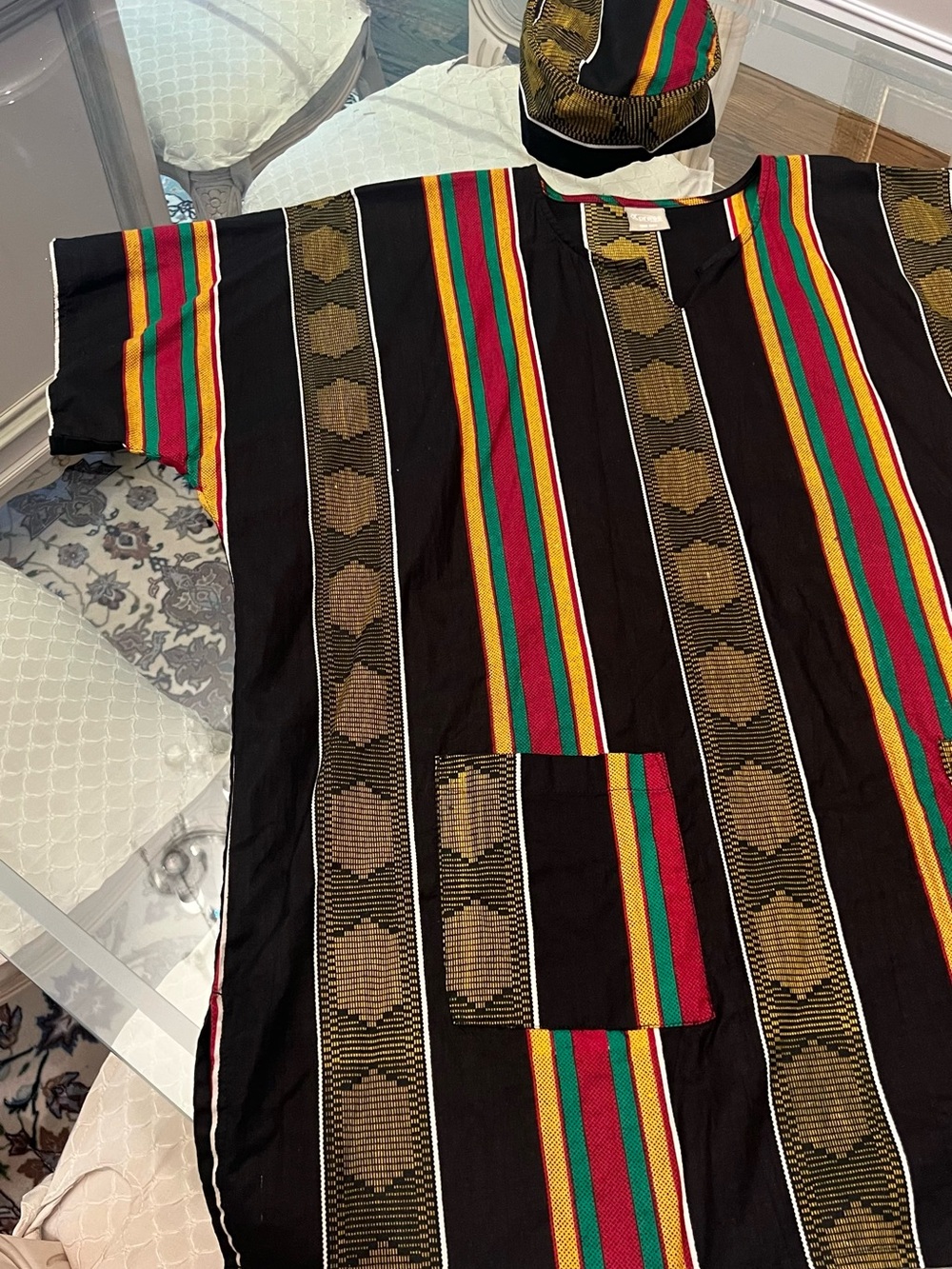 Express Black Agbada-Style Dashiki with Red, Green & Yellow Stripes
